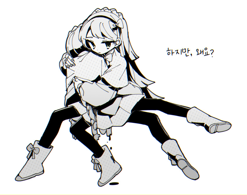 1boy 1girl blood boots bow bowtie braid capelet closed_mouth crown_braid expressionless fingernails friedbirdchips greyscale hair_bow hug intestines lobotomy_corporation long_hair long_sleeves looking_at_viewer monochrome pantyhose project_moon puffy_long_sleeves puffy_sleeves shirt skirt tiphereth_a_(project_moon) tiphereth_b_(project_moon) very_long_hair