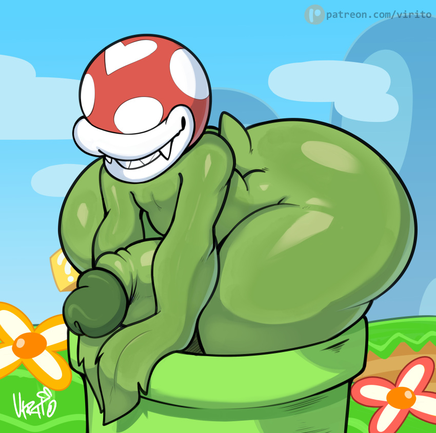 absurd_res big_butt big_penis butt elemental_creature elemental_humanoid flora_fauna genitals green_body hi_res huge_butt huge_hips huge_thighs humanoid male mario_bros nintendo not_furry nude penis pipe piranha_plant plant smile solo thick_thighs virito wide_hips