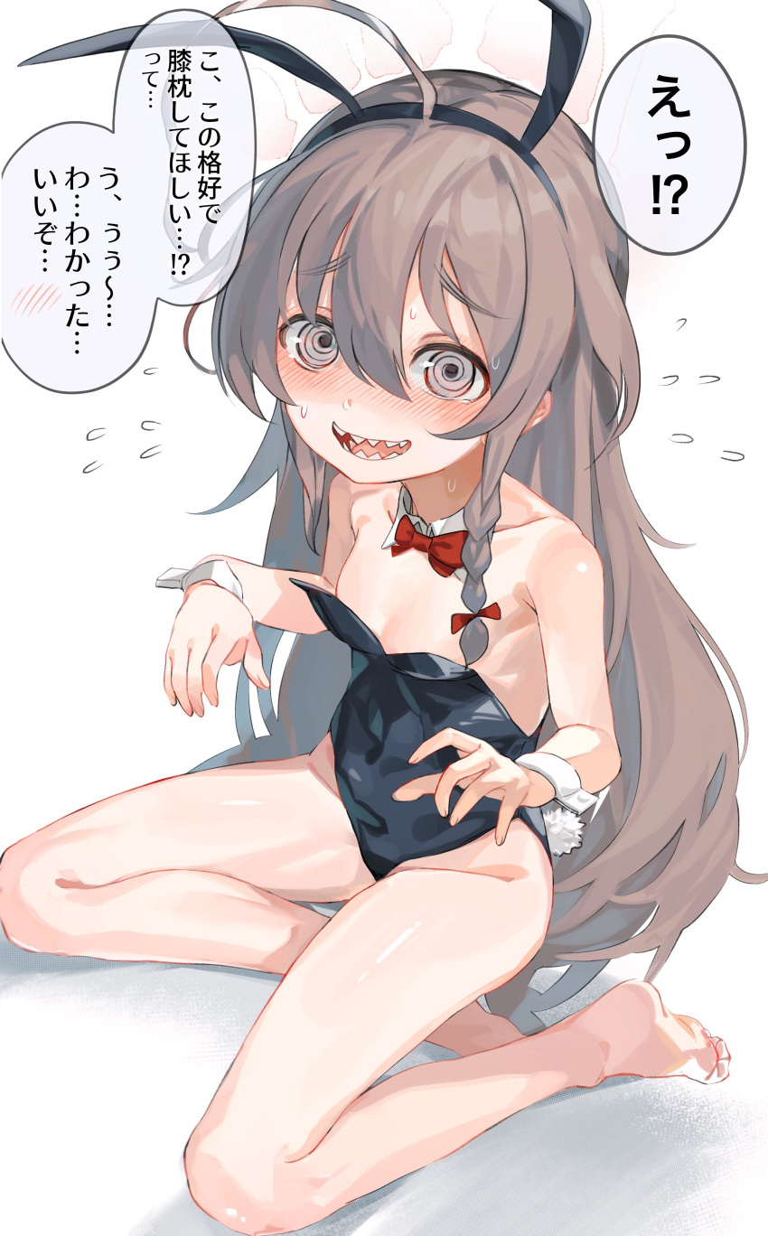 1girl @_@ absurdres ahoge animal_ears bare_legs barefoot black_leotard blush bow bowtie braid breasts collarbone commentary_request detached_collar dyed_ahoge fake_animal_ears flying_sweatdrops grey_hair head_steam highres hoshi_syoko huge_ahoge idolmaster idolmaster_cinderella_girls kneeling leotard long_hair looking_at_viewer nervous_smile nose_blush oversized_breast_cup playboy_bunny rabbit_ears rabbit_tail red_bow red_bowtie sharp_teeth single_braid small_breasts smile soles solo speech_bubble sweatdrop tail takesoboro teeth translation_request very_long_hair wrist_cuffs