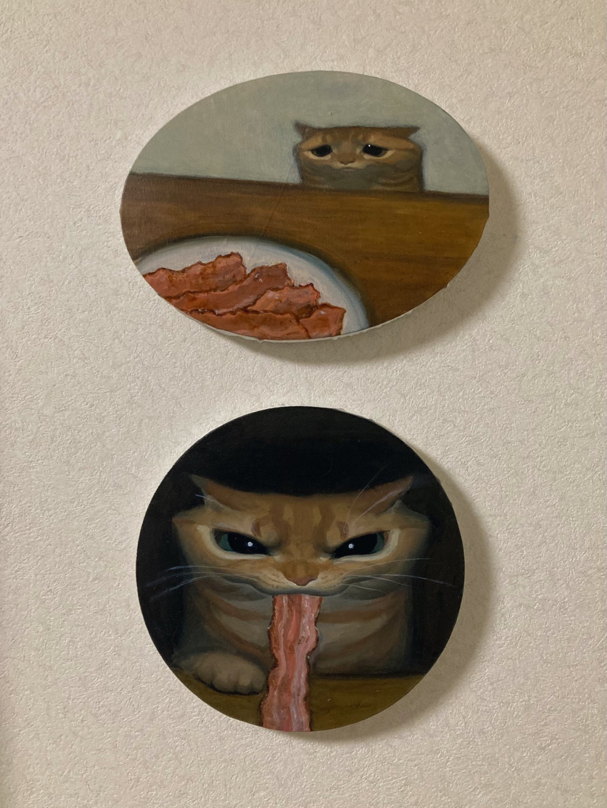 :3 animal animal_focus bacon black_background cat commentary food food_in_mouth grey_background highres karin_hosono looking_at_viewer mouth_hold no_humans orange_cat orange_fur original painting_(medium) photo_(medium) plate realistic sad sequential simple_background table traditional_media whiskers wooden_table