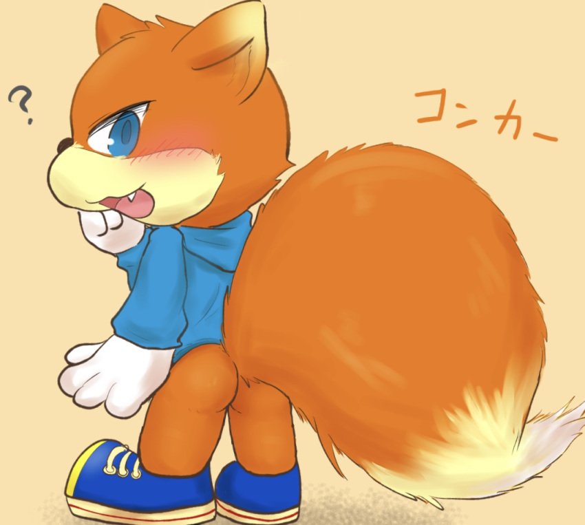 age_difference anthro blue_eyes butt conker conker's_bad_fur_day digital_drawing_(artwork) digital_media_(artwork) digital_painting_(artwork) fur japanese_text male mammal namoke rareware red_body rodent sciurid solo tail text tree_squirrel young younger_male