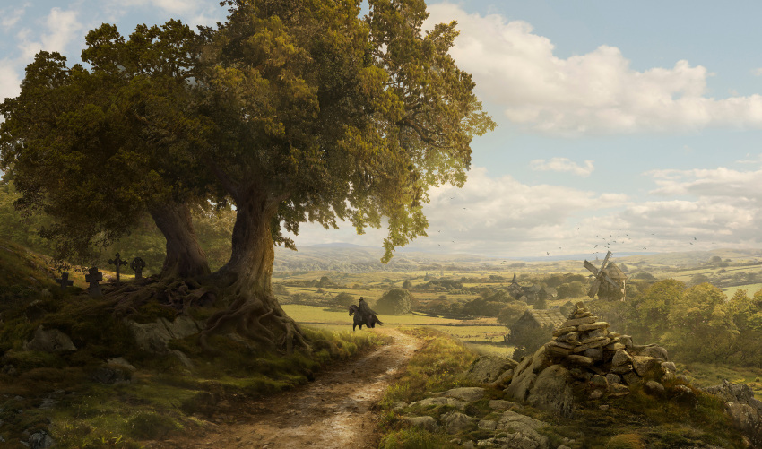 1boy blue_sky celtic_cross cloud cloudy_sky cross grave guillem_h_pongiluppi highres horse landscape original outdoors path sky tombstone tree windmill