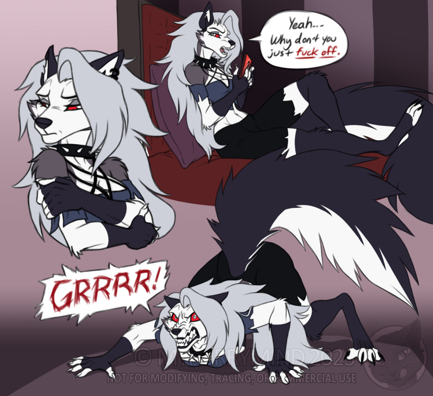 5_fingers anthro biped canid canid_demon claws clothed clothing collar demon english_text female fingers fur grey_hair growling hair hellhound helluva_boss hi_res loona_(helluva_boss) mammal myfurrymind profanity solo speech_bubble spiked_collar spikes tail text white_body white_fur