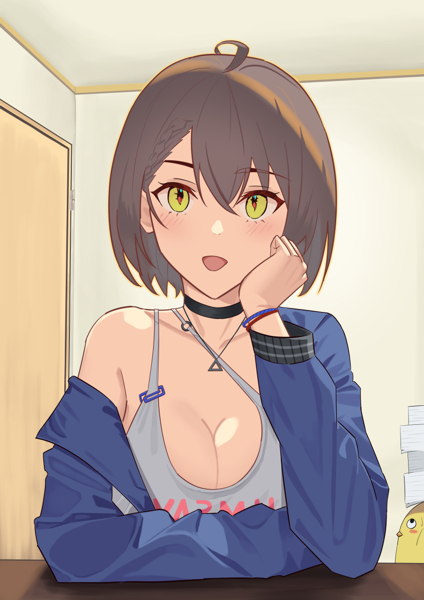 1girl :d absurdres ahoge azur_lane baltimore_(azur_lane) bird black_choker blue_jacket blush braid breasts brown_hair chick choker cleavage clothes_writing collarbone commentary_request door french_braid hair_between_eyes head_rest highres indoors jacket jewelry large_breasts long_sleeves looking_at_viewer manjuu_(azur_lane) necklace off_shoulder official_alternate_costume open_clothes open_jacket open_mouth paper_stack satuki_518 shadow short_hair sidelocks single_bare_shoulder sitting smile sports_bra sweatdrop upper_body white_sports_bra wristband yellow_eyes