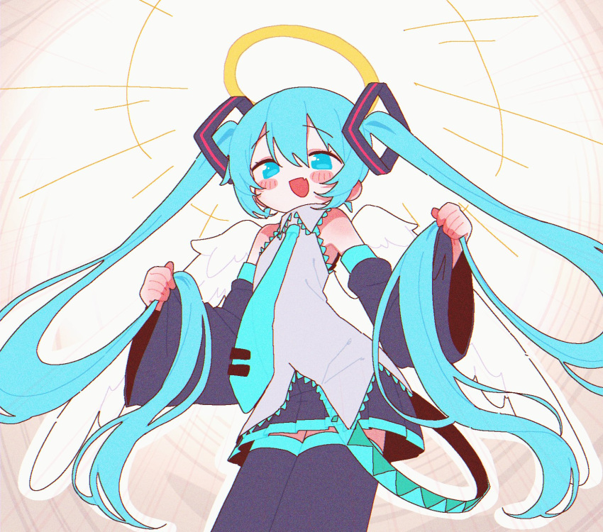 1girl angel_wings aqua_eyes aqua_hair aqua_necktie banananosongen black_skirt black_sleeves black_thighhighs blush_stickers brown_background collared_shirt commentary_request cowboy_shot detached_sleeves fang flat_chest glowing_halo gradient_background grey_shirt hair_ornament halo hatsune_miku highres holding holding_hair holding_own_hair looking_at_viewer miniskirt necktie outline pleated_skirt raised_eyebrows shirt skin_fang skirt sleeveless sleeveless_shirt smile solo thighhighs twintails vocaloid white_background white_outline wide_sleeves wings