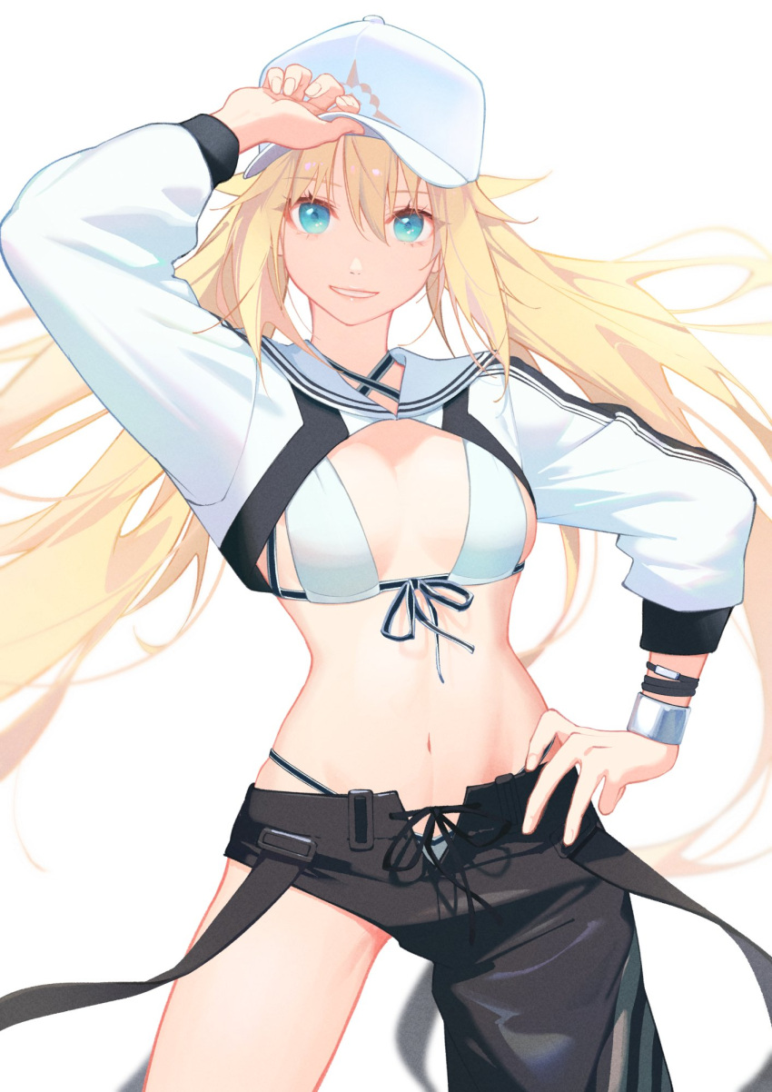 1girl arm_up artoria_caster_(fate) artoria_caster_(swimsuit)_(fate) artoria_pendragon_(fate) asymmetrical_clothes asymmetrical_pants baseball_cap bikini black_pants black_ribbon blonde_hair blurry bracelet cowboy_shot criss-cross_halter cropped_jacket depth_of_field fate/grand_order fate_(series) green_eyes halterneck hand_on_headwear hand_on_own_hip hat hat_tip highres jacket jewelry long_hair long_sleeves looking_at_viewer navel open_pants pants parted_lips pisu ribbon simple_background single_pantsleg smile solo striped striped_jacket striped_ribbon swimsuit twintails white_background white_bikini white_headwear white_jacket white_wristband