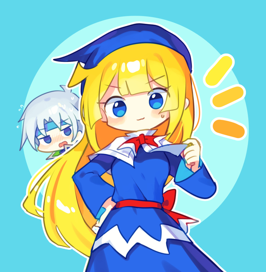 1boy 1girl absurdres blonde_hair blue_background blue_eyes blue_headband blue_headwear blue_robe blush capelet closed_mouth grey_hair headband highres long_hair long_sleeves madou_monogatari offbeat open_mouth puyopuyo red_ribbon ribbon robe schezo_wegey short_hair smile sweatdrop very_long_hair white_capelet witch_(puyopuyo)