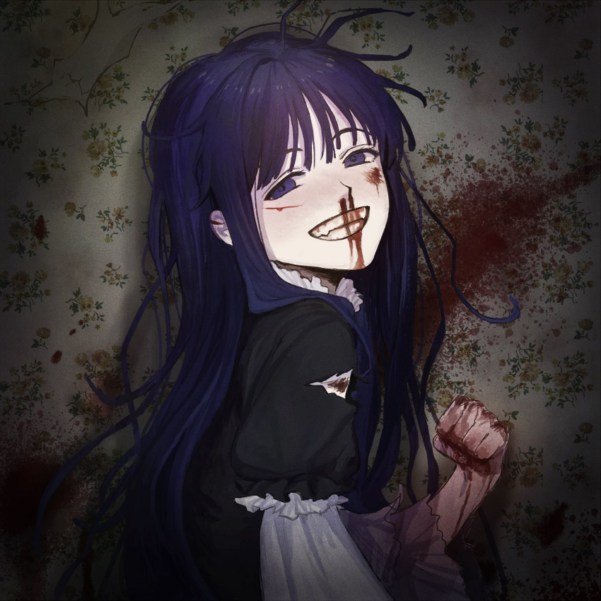 1girl :d bleeding blood blood_in_mouth blood_on_face blood_on_hands blood_splatter blood_stain blunt_bangs character_request clenched_hand commentary_request crazy crazy_grin crazy_smile dress eyelashes fang frederica_bernkastel from_side grin hair_between_eyes half-closed_eyes hand_up highres long_hair long_sleeves looking_at_viewer messy_hair nasu_(nasuotabe) nosebleed open_mouth original puffy_long_sleeves puffy_sleeves purple_eyes purple_hair sidelocks smile solo torn_clothes torn_dress very_long_hair