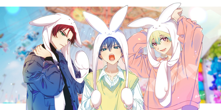 3boys amamine_shu animal_hat aqua_eyes arms_up blue_hair blurry blurry_background c.first_(idolmaster) depth_of_field dress_shirt green_eyes hanazono_momohito hat highres idolmaster idolmaster_side-m idolmaster_side-m_growing_stars light_green_hair male_focus mayumi_eishin multiple_boys open_mouth outside_border pink_eyes rabbit_hat red_hair shirt smile sunyack teeth turtleneck