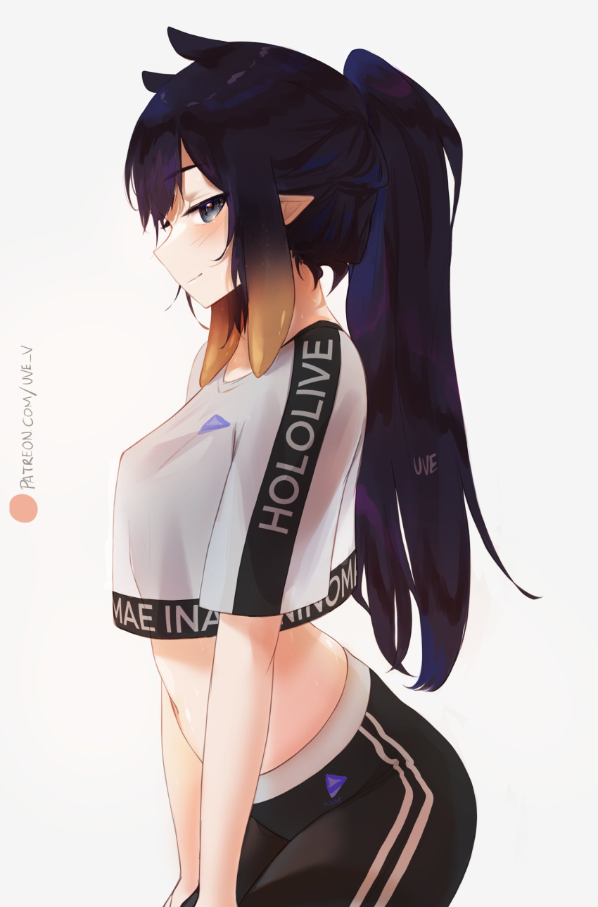 1girl absurdres black_hair black_pants blush breasts character_name closed_mouth commentary company_name crop_top crop_top_overhang cropped_shirt english_commentary from_side gradient_hair grey_eyes highres hololive hololive_dance_practice_uniform hololive_english long_hair looking_at_viewer midriff multicolored_hair navel ninomae_ina'nis pants pointy_ears ponytail see-through see-through_shirt see-through_silhouette shirt sidelocks signature simple_background small_breasts solo standing stomach sweat t-shirt tentacle_hair two-tone_hair uve virtual_youtuber white_background white_shirt yoga_pants