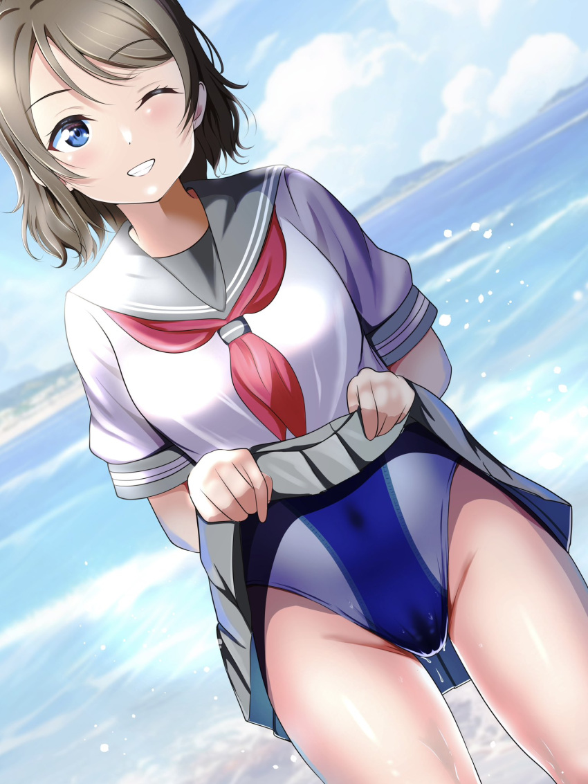 1girl ;) blue_eyes borgbutler brown_hair cameltoe clothes_lift competition_swimsuit dutch_angle grey_sailor_collar grey_skirt highres lifted_by_self looking_at_viewer love_live! love_live!_sunshine!! neckerchief one-piece_swimsuit one_eye_closed pleated_skirt red_neckerchief sailor_collar school_uniform shirt short_hair short_sleeves skirt skirt_lift smile solo swept_bangs swimsuit swimsuit_under_clothes tie_clip uranohoshi_school_uniform watanabe_you white_shirt