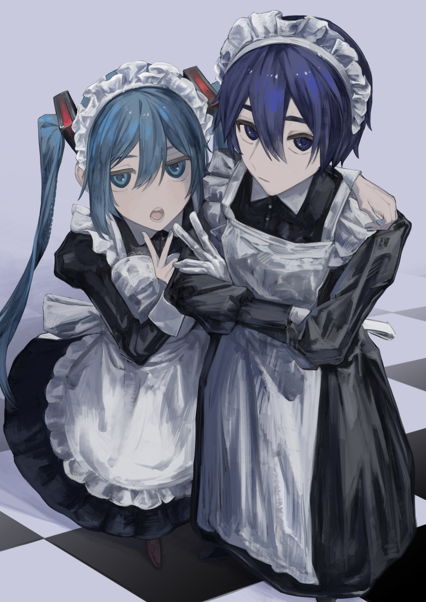 1boy 1girl absurdres alternate_costume apron aqua_eyes aqua_hair black_dress black_footwear blue_eyes blue_hair brown_footwear crossdressing crossed_arms dress enmaided frilled_apron frilled_hairband frills gloves hair_between_eyes hairband hatsune_miku highres kaito_(vocaloid) long_dress long_hair looking_at_viewer looking_up maid maid_apron maid_headdress open_mouth pale_skin short_hair simple_background standing teeth tile_floor tiles twintails user_uaja7725 v very_long_hair victorian_maid vocaloid white_apron white_gloves