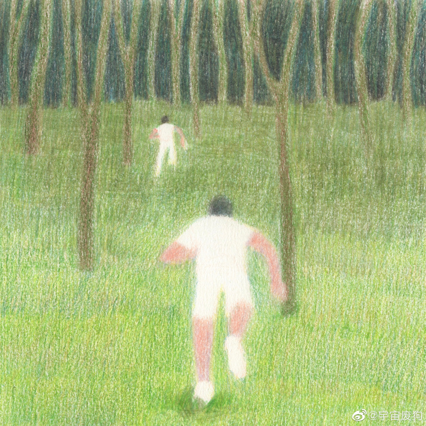 2boys abstract absurdres bare_tree faceless faceless_male fleeing from_behind full_body grass highres male_focus multiple_boys original painterly perspective running short_hair tree yuzhou_fei_gou