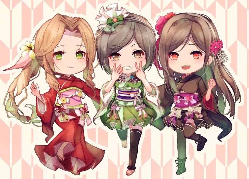 3girls aerith_gainsborough alternate_costume ankle_boots black_hair black_kimono black_thighhighs boots braid braided_ponytail brown_eyes brown_hair chibi closed_mouth commentary_request cross-laced_footwear final_fantasy final_fantasy_vii final_fantasy_vii_remake flower full_body green_eyes green_kimono grin hair_flower hair_ornament hair_ribbon japanese_clothes kimono lace-up_boots light_blush long_hair looking_at_viewer mirrorclew multiple_girls obi official_alternate_costume open_mouth parted_bangs pink_ribbon red_eyes red_flower red_kimono ribbon sandals sash short_hair short_kimono sidelocks smile swept_bangs thighhighs tifa_lockhart tifa_lockhart's_exotic_dress v wide_sleeves yuffie_kisaragi