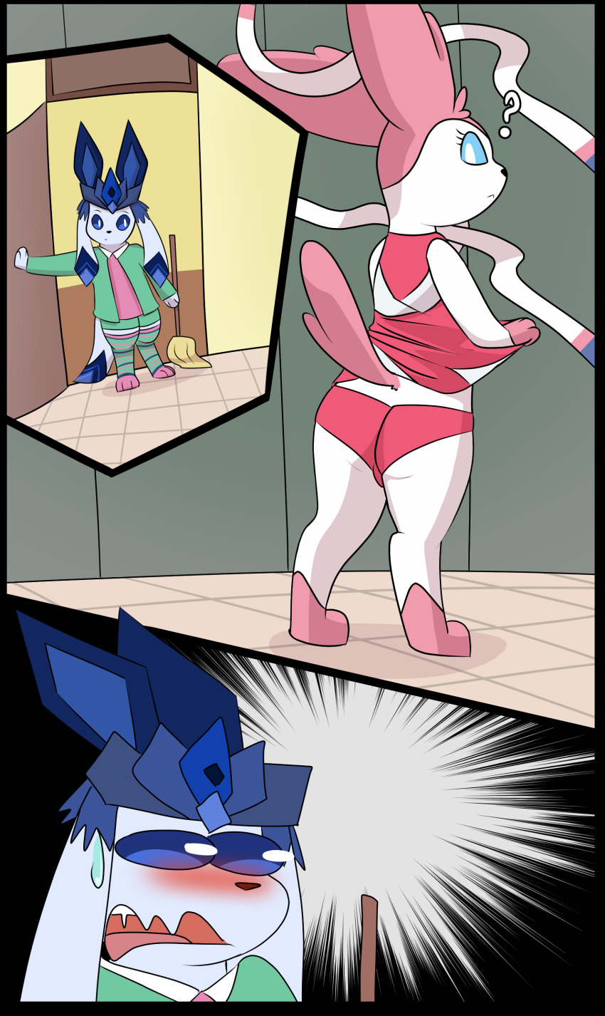 2023 3_panel_comic absurd_res blue_body blush bulge cheerleader cheerleader_outfit clothed clothing clothing_lift comic confusion crossdressing dialogue digital_drawing_(artwork) digital_media_(artwork) dress dress_lift duo eeveelution embarrassed english_text flat_colors generation_4_pokemon generation_6_pokemon glaceon glacey_frost_(the_go1den_fox) hi_res inside locker_room male matachu nintendo panties penis_in_panties pink_body pink_clothing pink_dress pink_panties pink_underwear pokemon pokemon_(species) raised_clothing raised_dress raised_tail semi-anthro shocked shocked_expression sid_(matachu) standing sylveon tail text underwear undressing white_body