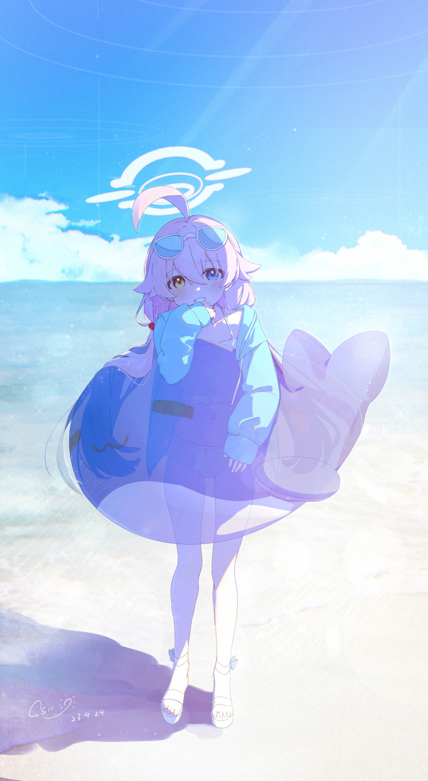 1girl absurdres ahoge beach bikini blue_archive blue_eyes blue_jacket blush dated day eyewear_on_head full_body grin hair_between_eyes halo highres hoshino_(blue_archive) hoshino_(swimsuit)_(blue_archive) inflatable_toy inflatable_whale jacket long_hair looking_at_viewer navel ocean official_alternate_costume outdoors pink_hair qs11 sandals signature smile solo standing swimsuit white_bikini yellow_eyes