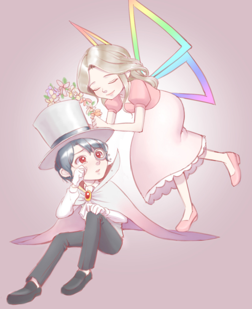 1boy 1girl alternate_form black_footwear black_hair black_pants cape closed_eyes count_bleck dress fairy_wings gloves gradient_background hat head_wreath highres mario_(series) monocle pants paper_mario pink_background pink_cape pink_dress pink_footwear red_eyes shoes short_hair short_sleeves simple_background sitting soma_(zaaaaahaaaaaz) super_paper_mario tears tippi_(paper_mario) top_hat white_gloves white_headwear wings wiping_tears