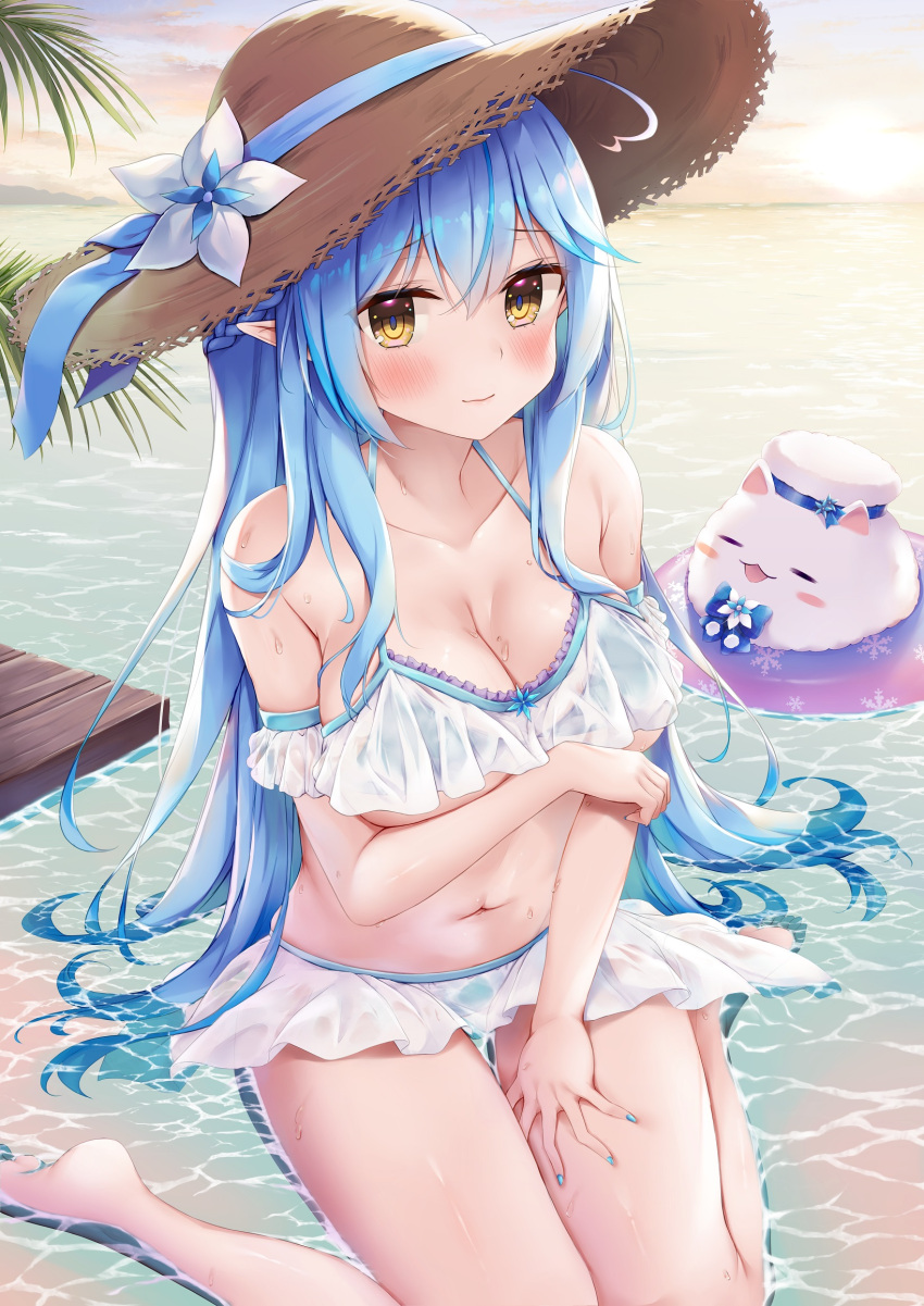 1girl ahoge bare_arms bare_shoulders barefoot bikini blue_hair blue_nails blush breasts brown_eyes brown_headwear cleavage closed_mouth cloud cloudy_sky commentary_request daifuku_(yukihana_lamy) flower hair_between_eyes hat hat_flower highres hinoka_(allen) hololive horizon innertube large_breasts long_hair looking_at_viewer multicolored_hair nail_polish navel outdoors shallow_water sitting sky smile straw_hat streaked_hair sunset swimsuit very_long_hair virtual_youtuber wariza water white_bikini white_flower yukihana_lamy