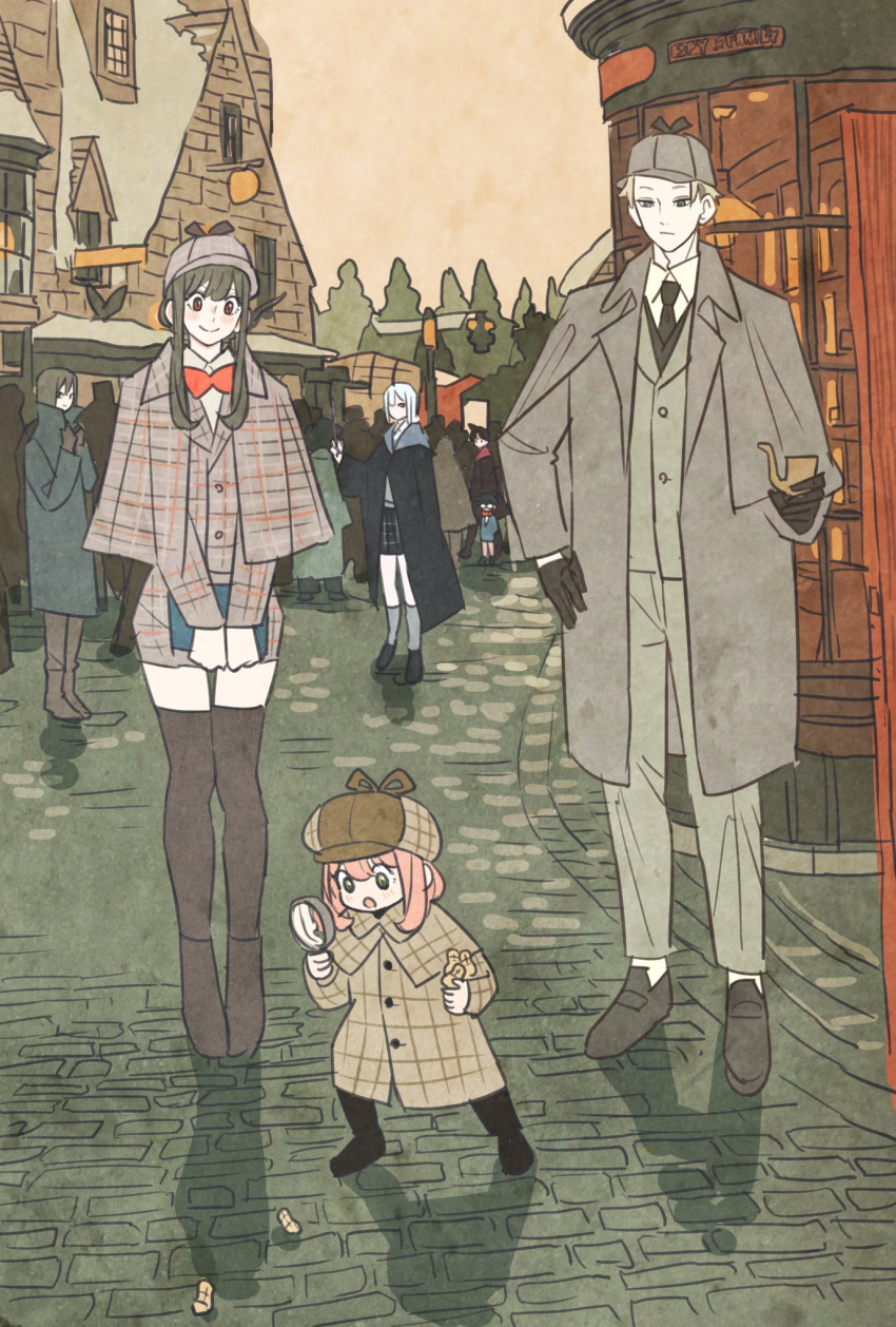 3boys 4girls anya_(spy_x_family) bangs black_footwear black_hair black_thighhighs blonde_hair bow bowtie brick_road collared_shirt cosplay crowd deerstalker edogawa_conan female_child full_body grey_hair grey_jacket hair_between_eyes hand_on_hip hat highres holding holding_magnifying_glass holding_smoking_pipe jacket magnifying_glass male_child medium_hair meitantei_conan mouri_ran multiple_boys multiple_girls necktie open_mouth outdoors parted_bangs peanuts pink_hair red_bow red_bowtie sherlock_holmes sherlock_holmes_(cosplay) shirt short_hair sidelocks smile smoking_pipe spy_x_family takeuchi_ryousuke thighhighs twilight_(spy_x_family) v_arms yor_briar yuri_briar