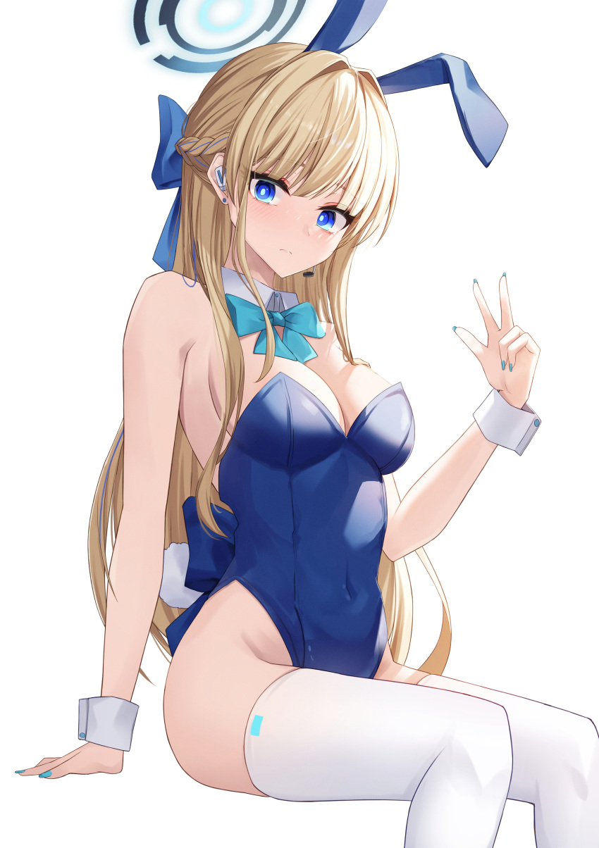 1girl absurdres animal_ears bare_shoulders blonde_hair blue_archive blue_bow blue_eyes blue_hairband blue_leotard blue_nails bow bowtie braid breasts closed_mouth detached_collar fake_animal_ears hairband halo hand_up hidel highleg highleg_leotard highres leotard long_hair looking_at_viewer medium_breasts official_alternate_costume official_alternate_hairstyle playboy_bunny rabbit_ears simple_background sitting solo thighhighs thighs toki_(blue_archive) toki_(bunny)_(blue_archive) very_long_hair w white_background white_thighhighs wrist_cuffs