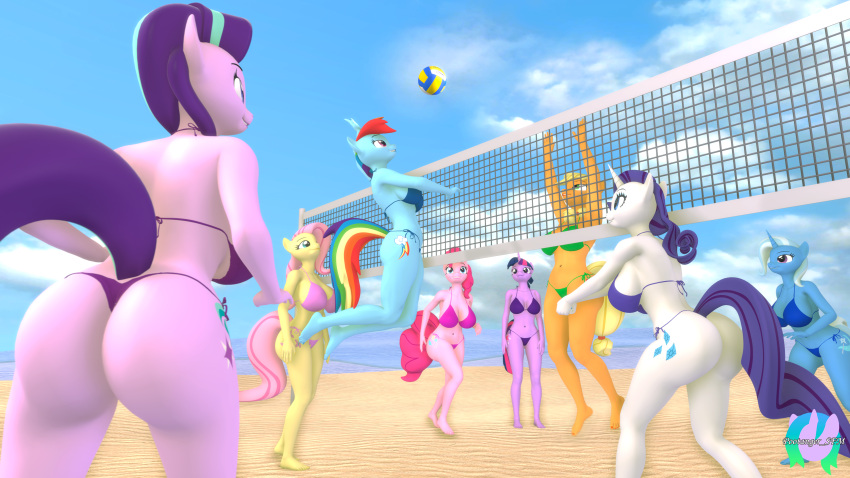 3d_(artwork) absurd_res anthro anthrofied applejack_(mlp) ball beach big_breasts big_butt bikini bikini_thong breasts butt cleavage clothed clothing digital_media_(artwork) equid equine female fluttershy_(mlp) friendship_is_magic group hasbro hi_res horn mammal my_little_pony pootanger_sfm rainbow_dash_(mlp) rarity_(mlp) seaside side-tie_bikini sport starlight_glimmer_(mlp) string_bikini swimwear trixie_(mlp) twilight_sparkle_(mlp) unicorn volleyball volleyball_(ball)