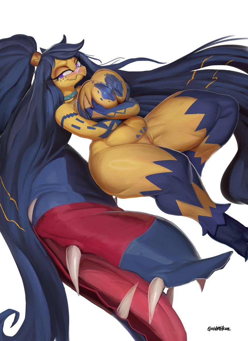 absurd_res anthro big_breasts breasts female fur generation_3_pokemon genitals goldmikun hair hair_mouth hi_res huge_breasts humanoid mammal mawile nintendo nude open_mouth pokemon pokemon_(species) purple_eyes pussy simple_background solo teeth yellow_body yellow_fur