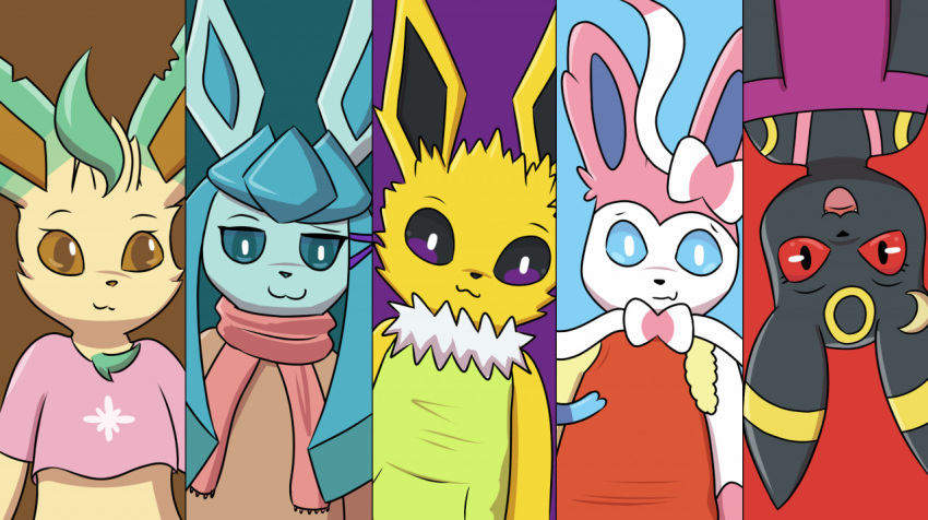 2022 abby_(matachu) black_body blue_background blue_body brown_background clothing crop_top eeveelution generation_1_pokemon generation_2_pokemon generation_4_pokemon generation_6_pokemon glaceon green_clothing jade_(matachu) jolteon leafeon matachu nintendo pink_body pink_clothing pokemon pokemon_(species) purple_background purple_clothing red_background red_clothing samantha_(matachu) semi-anthro shirt sid_(matachu) simple_background stacy_(matachu) sylveon tan_body topwear umbreon white_body yellow_body