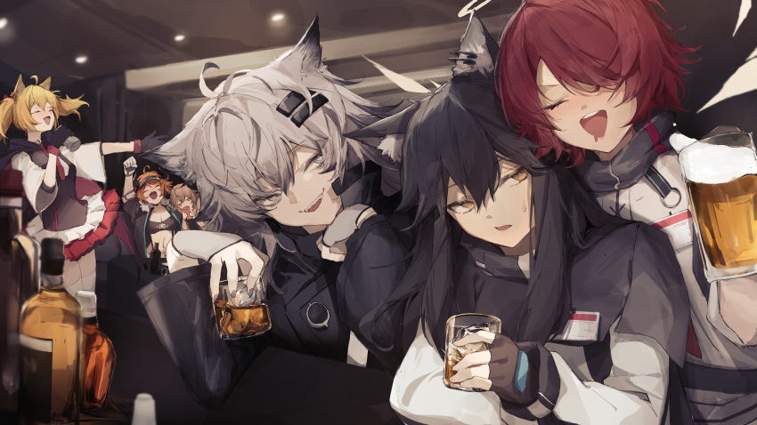 1boy 5girls :d absurdres alcohol angel animal_ears ankoro_mochi annoyed arknights beer beer_mug bison_(arknights) black_gloves black_hair blonde_hair blush breasts brown_hair cape clenched_hand commentary_request cow_girl croissant_(arknights) crop_top cup drinking drunk energy_wings exusiai_(arknights) fingerless_gloves fox_ears fox_girl girl_sandwich gloves hair_between_eyes hair_ornament hair_over_one_eye hairclip halo hand_up happy highres horns id_card indoors jacket lappland_(arknights) leaning_on_person long_hair medium_breasts medium_hair midriff miniskirt mug multiple_girls music navel open_mouth orange_hair party pleated_skirt red_hair red_skirt sandwiched shoulder-to-shoulder singing skirt smile sora_(arknights) teeth texas_(arknights) thighhighs twintails upper_body upper_teeth_only very_long_hair whiskey white_eyes white_hair wolf_ears wolf_girl yellow_eyes