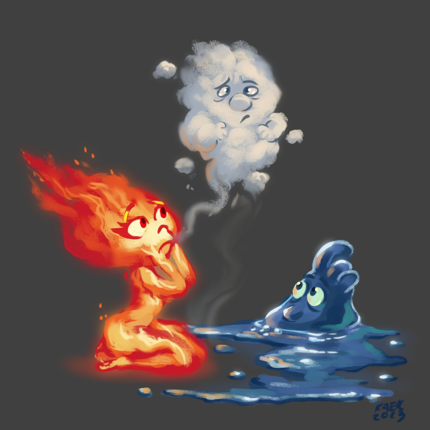 2023 air_creature air_humanoid disney elemental_(pixar) elemental_creature elemental_humanoid ember_lumen female fire fire_creature fire_humanoid flaming_hair grey_background hi_res humanoid kaek kneeling male not_furry pixar pseudo_hair simple_background steam wade_ripple water water_creature water_humanoid