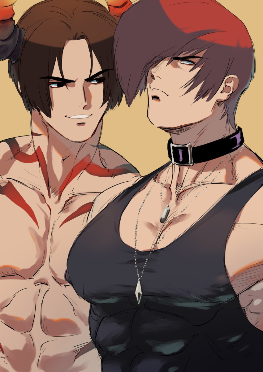 2boys abs alternate_costume beniazumaru black_choker black_shirt brown_eyes brown_hair choker collar covered_nipples demon_horns glaring hair_over_one_eye highres horns jewelry kusanagi_kyou large_pectorals multiple_boys muscular muscular_male nanatsu_no_taizai_grand_cross necklace pectoral_cleavage pectorals red_hair shirt tank_top tattoo the_king_of_fighters topless_male v-shaped_eyebrows yagami_iori yellow_background