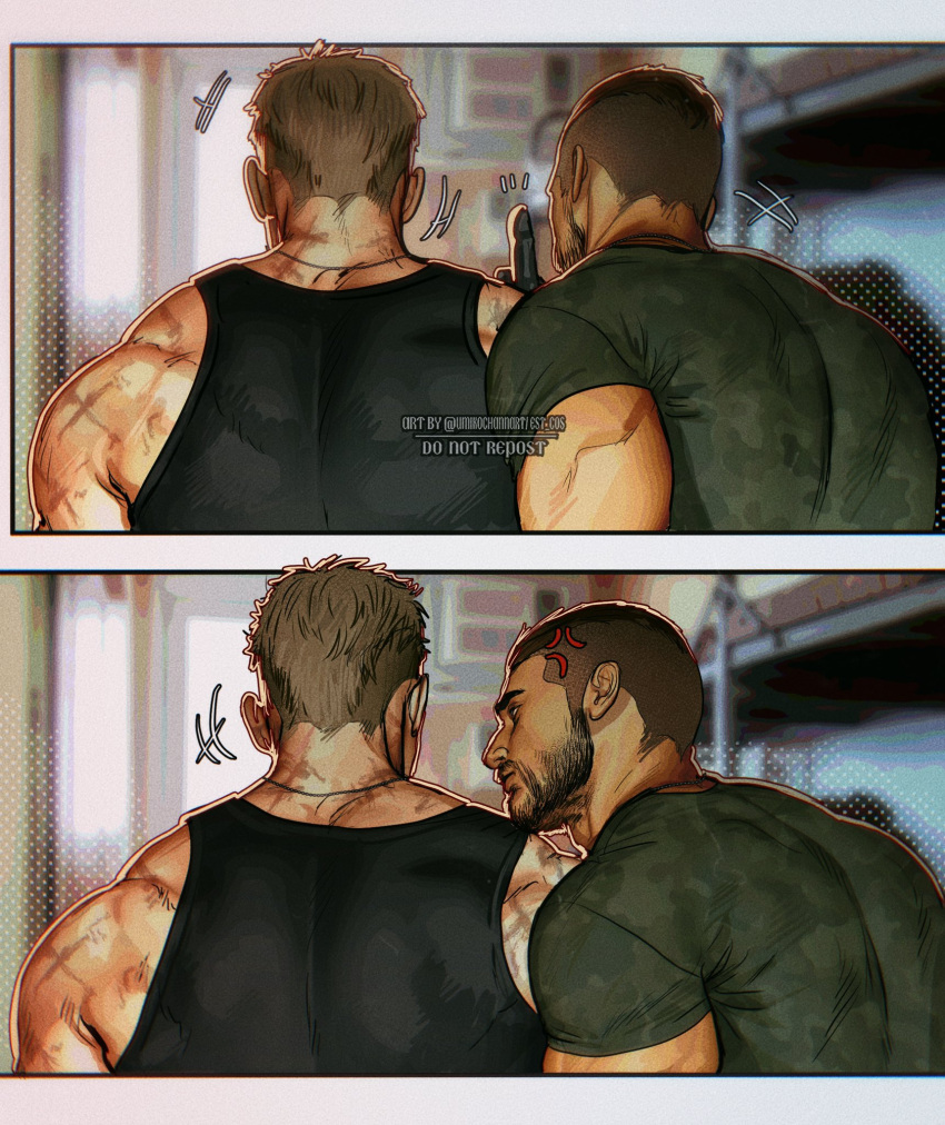 2boys angry artist_name back bara beard black_hair blonde_hair call_of_duty call_of_duty:_modern_warfare_2 couple facial_hair ghost_(modern_warfare_2) highres implied_yaoi looking_at_another male_focus manly mature_male military military_vehicle motor_vehicle multiple_boys muscular muscular_male scar shirt short_hair soap_(modern_warfare_2) t-shirt tank tight_clothes twitter_username umikochannart undercut