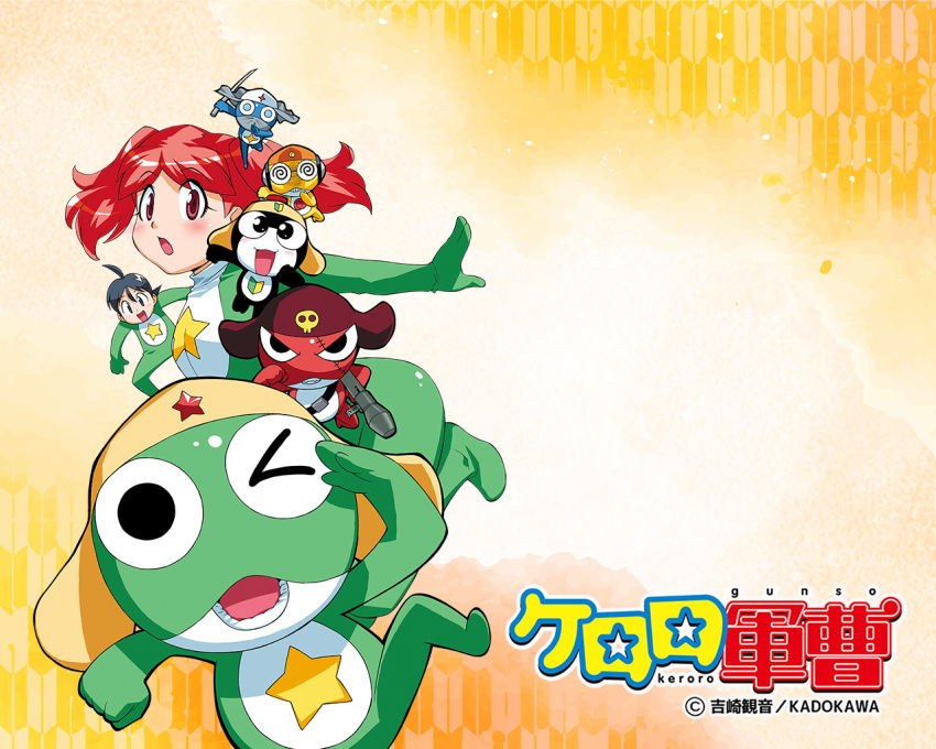 1girl 6+boys belt black_eyes black_hair dororo_(keroro_gunsou) frog giroro glasses hat headphones hinata_fuyuki hinata_natsumi keroro keroro_gunsou kururu_(keroro_gunsou) long_hair mask multiple_boys official_art official_wallpaper one_eye_closed orange_background red_eyes red_hair short_hair simple_background smile star_(symbol) tamama twintails weapon yoshizaki_mine