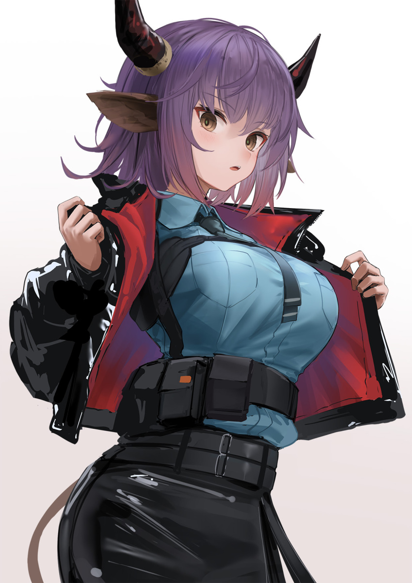 1girl animal_ears arknights belt black_jacket black_necktie black_skirt blue_shirt breasts brown_eyes commentary_request cow_ears cow_girl cow_horns cow_tail cowboy_shot gradient_background grey_background highres holding holding_clothes holding_jacket horn_ornament horn_ring horns jacket large_breasts long_sleeves looking_at_viewer medium_hair necktie open_clothes open_jacket open_mouth purple_hair red_jacket shirt sideroca_(arknights) simple_background skirt solo sthk tail two-sided_fabric two-sided_jacket utility_belt white_background