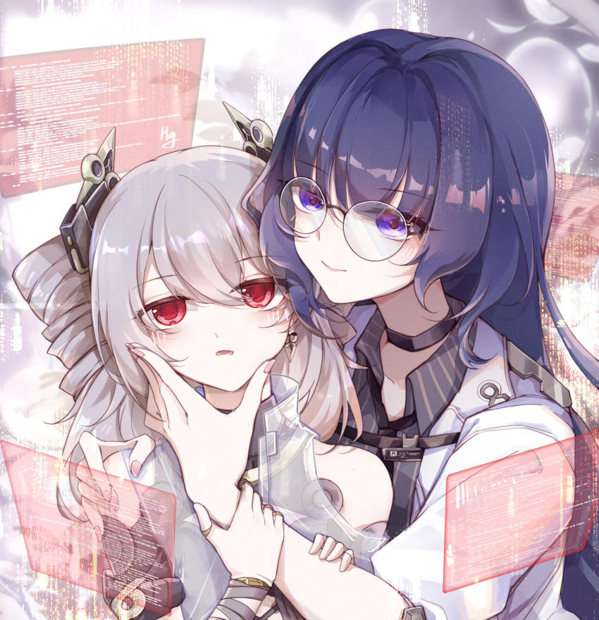 2girls absurdres bare_shoulders black_necktie black_shirt blue_hair closed_mouth collared_shirt drill_hair glasses grey_hair hair_between_eyes headgear highres holographic_monitor honkai_(series) honkai_impact_3rd jacket long_hair mei_(honkai_impact) multiple_girls nail_polish necktie parted_lips pink_nails prometheus_(honkai_impact) purple_eyes red_hair round_eyewear see-through shirt shuiyinzijun smile striped striped_shirt twin_drills twintails upper_body vertical-striped_shirt vertical_stripes very_long_hair white_jacket