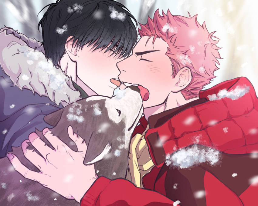 2boys animal black_hair blue_jacket blush closed_eyes dog highres hood hood_down hooded_jacket jacket licking licking_another's_face multiple_boys outdoors pycwrp red_hair red_jacket rukawa_kaede sakuragi_hanamichi short_hair slam_dunk_(series) smile snowing teeth tongue tongue_out upper_body yaoi