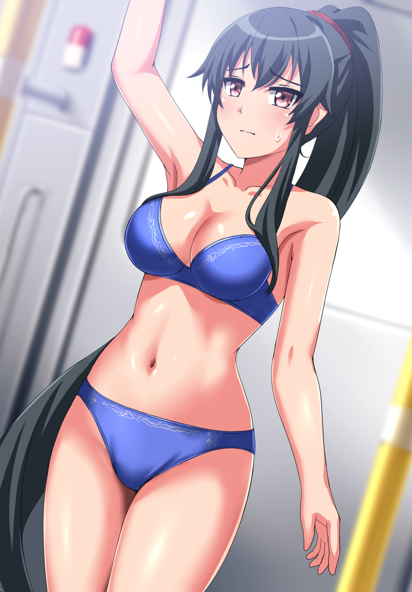 1girl absurdres black_hair blue_bra blue_panties bra commentary_request commission cowboy_shot dutch_angle highres kantai_collection long_hair panties pixiv_commission ponytail red_eyes see-through solo standing train_interior underwear underwear_only yahagi_(kancolle) zanntetu