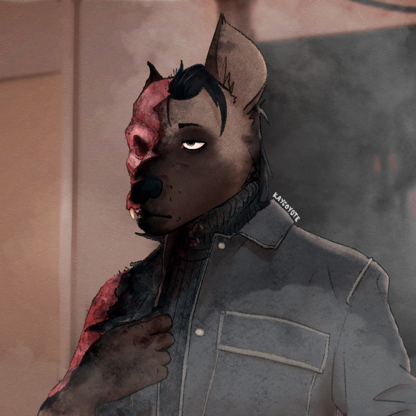 1:1 alternate_species anthro bentli_(kaycoyote) black_clothing black_hair black_nose blood blood_on_clothing blood_on_face bodily_fluids bone bored_expression breaking_bad brown_body brown_eyes brown_fur burn_marks burn_scar burnt burnt_clothing burnt_fur clothing dying exposed_skull fangs fur furrification gore gustavo_fring hair hyena jacket kaycoyote leather leather_clothing leather_jacket leather_topwear male mammal missing_ear missing_eye missing_fur mutilated_face mutilation scar skull smoke solo spotted_hyena sweater teeth topwear turtleneck