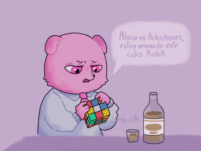 2023 4:3 anthro bear beverage biped black_nose clothing dialogue geny_ctm gordi_(unicorn_wars) hi_res mammal necktie pink_body pink_eyes rubik's_cube shirt solo spanish_text text topwear unicorn_wars