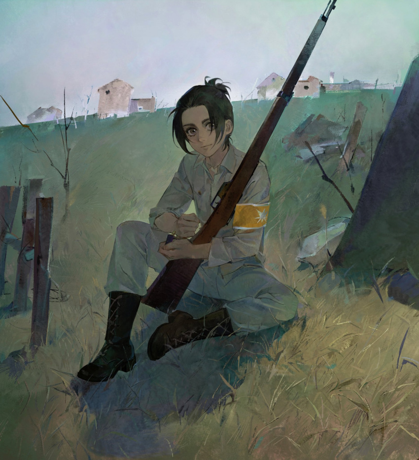 1girl armband boots brown_eyes brown_hair child full_body gabi_braun gewehr_88 grass gun highres holding holding_gun holding_weapon house light_smile looking_at_viewer luguoadeli_(maple12031) marley_military_uniform perspective ponytail shingeki_no_kyojin short_hair sitting solo weapon