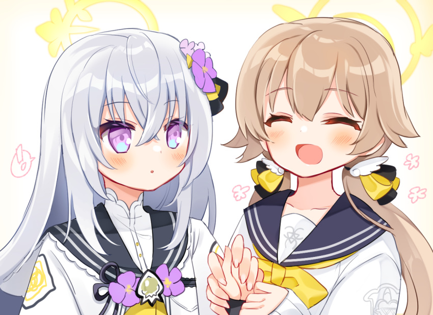 2girls :d ^_^ azusa_(blue_archive) black_sailor_collar blue_archive blush brown_background brown_hair closed_eyes floral_background flower grey_hair hair_between_eyes hair_flower hair_ornament halo hifumi_(blue_archive) holding_another's_wrist jacket long_hair low_twintails multiple_girls purple_eyes purple_flower sailor_collar shikito shirt smile twintails upper_body white_jacket white_shirt