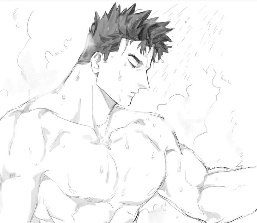 1boy aged_down bara beard boku_no_hero_academia closed_eyes endeavor_(boku_no_hero_academia) facial_hair from_side greyscale highres large_pectorals male_focus mellow_s07 monochrome muscular muscular_male nipples nude pectorals short_hair showering sideburns sideburns_stubble solo spiked_hair thick_eyebrows upper_body wet