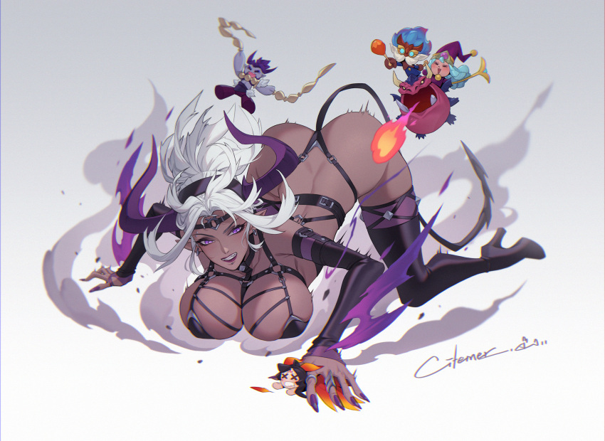 aqua_hair ass black_footwear black_hair black_sleeves bondage_outfit boots breasts breathing_fire character_request citemer dark-skinned_female dark_skin detached_sleeves fang fire gradient_background hat high_heel_boots high_heels highres horns large_breasts league_of_legends o-ring open_mouth pointy_ears purple_eyes purple_hair purple_nails revealing_clothes signature tail white_hair wizard_hat x_x xayah