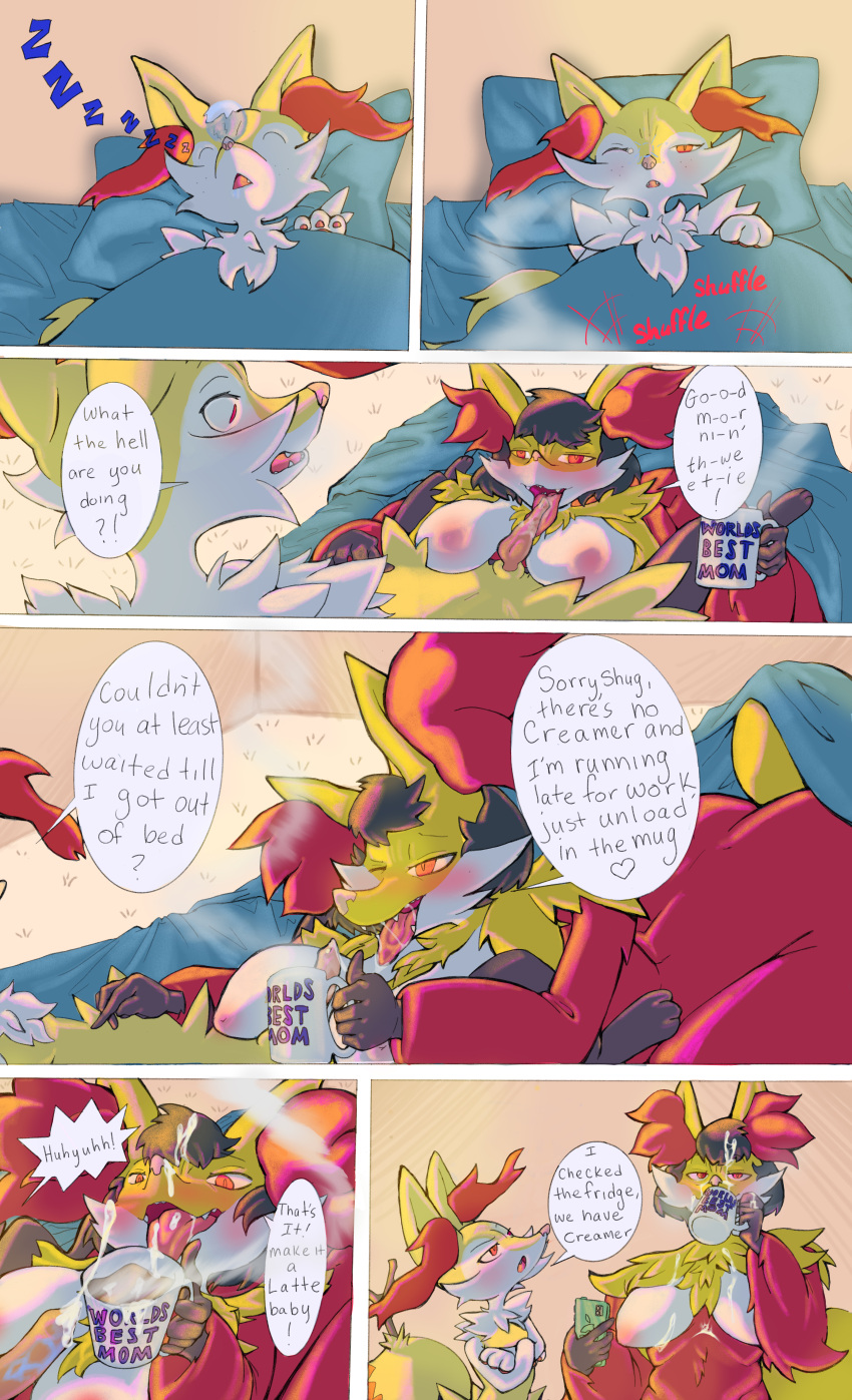 absurd_res anthro bed blush bodily_fluids braixen breasts coffee_mug comic cum cum_on_face delphox duo ejaculation erection fellatio female furniture generation_6_pokemon genital_fluids hair hi_res incest_(lore) male male/female moisty mother_(lore) mother_and_child_(lore) mother_and_son_(lore) nintendo nipples oral parent_(lore) parent_and_child_(lore) parent_and_son_(lore) penile pokemon pokemon_(species) sex son_(lore) steam