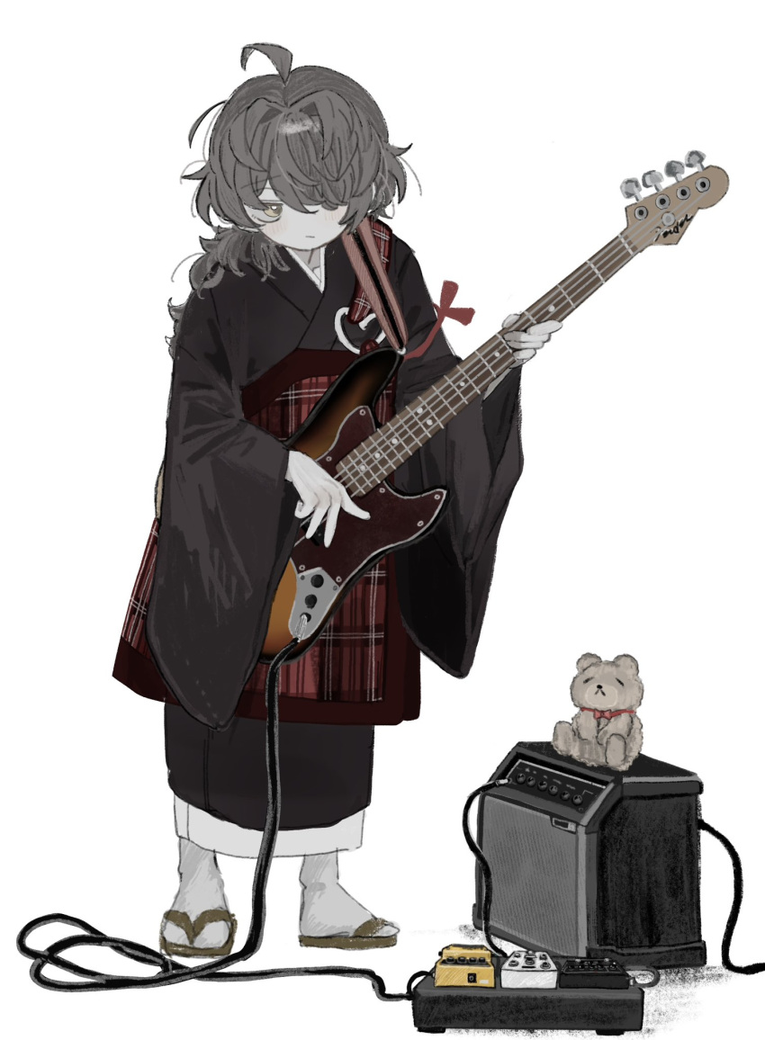 1girl :/ ahoge amplifier bass_guitar black_kimono cable colored_skin effects_pedal electric_guitar expressionless fender_jazz_bass full_body grey_hair grey_skin guitar hair_intakes hair_over_one_eye highres holding holding_instrument hougetsu_(moon_neetcat) instrument japanese_clothes kesa kimono long_hair long_sleeves looking_to_the_side messy_hair monk original plaid sideways_glance simple_background solo standing stuffed_animal stuffed_toy teddy_bear white_background wide_sleeves zouri