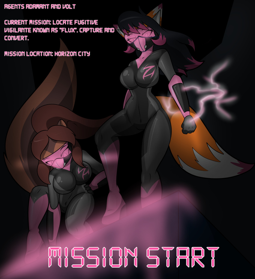 2022 absurd_res anthro big_breasts black_hair black_latex bodysuit boots breasts brown_body brown_fur brown_hair canid canine chaoscroc clothing corruption covered_mouth dipstick_ears dipstick_tail duo electricity electricity_manipulation elemental_manipulation english_text female footwear fox fur hair hi_res high_heeled_boots high_heels highlights_(coloring) jenny_(ashkelling) latex latex_clothing looking_at_viewer mammal markings mind_control multicolored_ears orange_body orange_fur pink_highlights pink_latex pink_visor rodent rubber rubber_clothing rubber_suit sciurid skinsuit stormwave_(character) story story_in_description superhero tail tail_markings text tight_clothing tree_squirrel two_tone_bodysuit