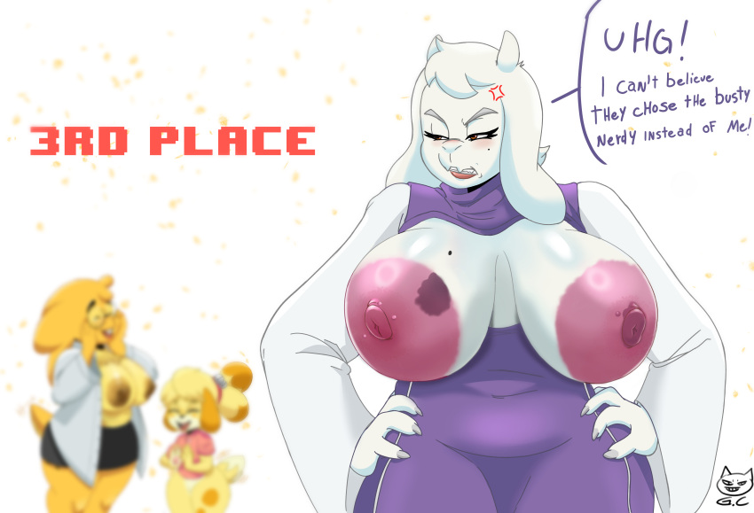 absurd_res alphys angry animal_crossing anthro areola big_areola big_breasts bovid breasts canid canine canis caprine domestic_dog female goat gomezcat hi_res huge_areola isabelle_(animal_crossing) mammal markings mature_female montgomery_glands nintendo nipples reptile scalie toriel undertale_(series)