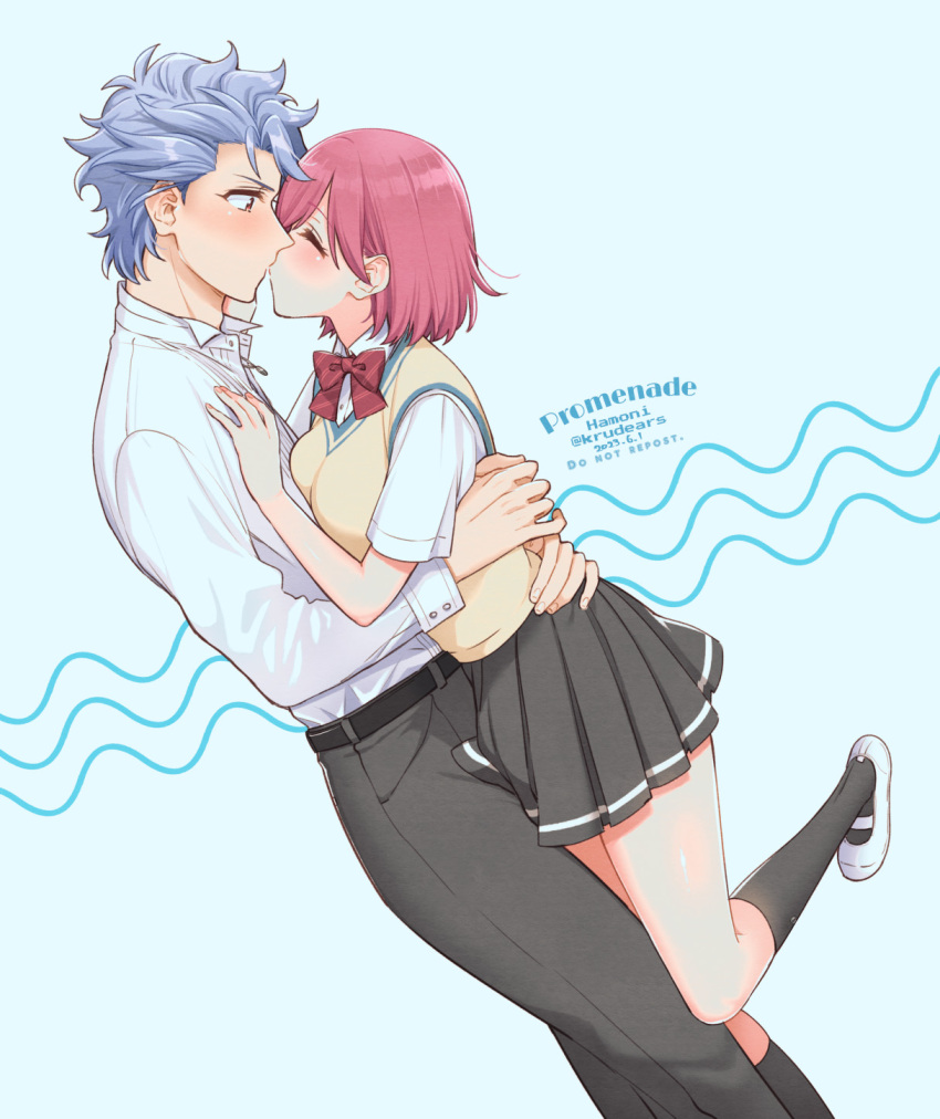 1boy 1girl arms_around_waist artist_name black_socks blue_background blush bob_cut bow bowtie breasts closed_eyes collared_shirt couple dated feet_out_of_frame grey_hair grey_pants grey_skirt hair_between_eyes hand_on_another's_chest hetero highres kiss krudears long_sleeves medium_breasts pants pink_hair pleated_skirt protagonist_(tokimemo_gs3) red_bow red_bowtie red_eyes school_uniform shirt shitara_seiji short_hair skirt socks sweater_vest tokimeki_memorial tokimeki_memorial_girl's_side_3rd_story twitter_username white_footwear white_shirt wide-eyed yellow_sweater_vest