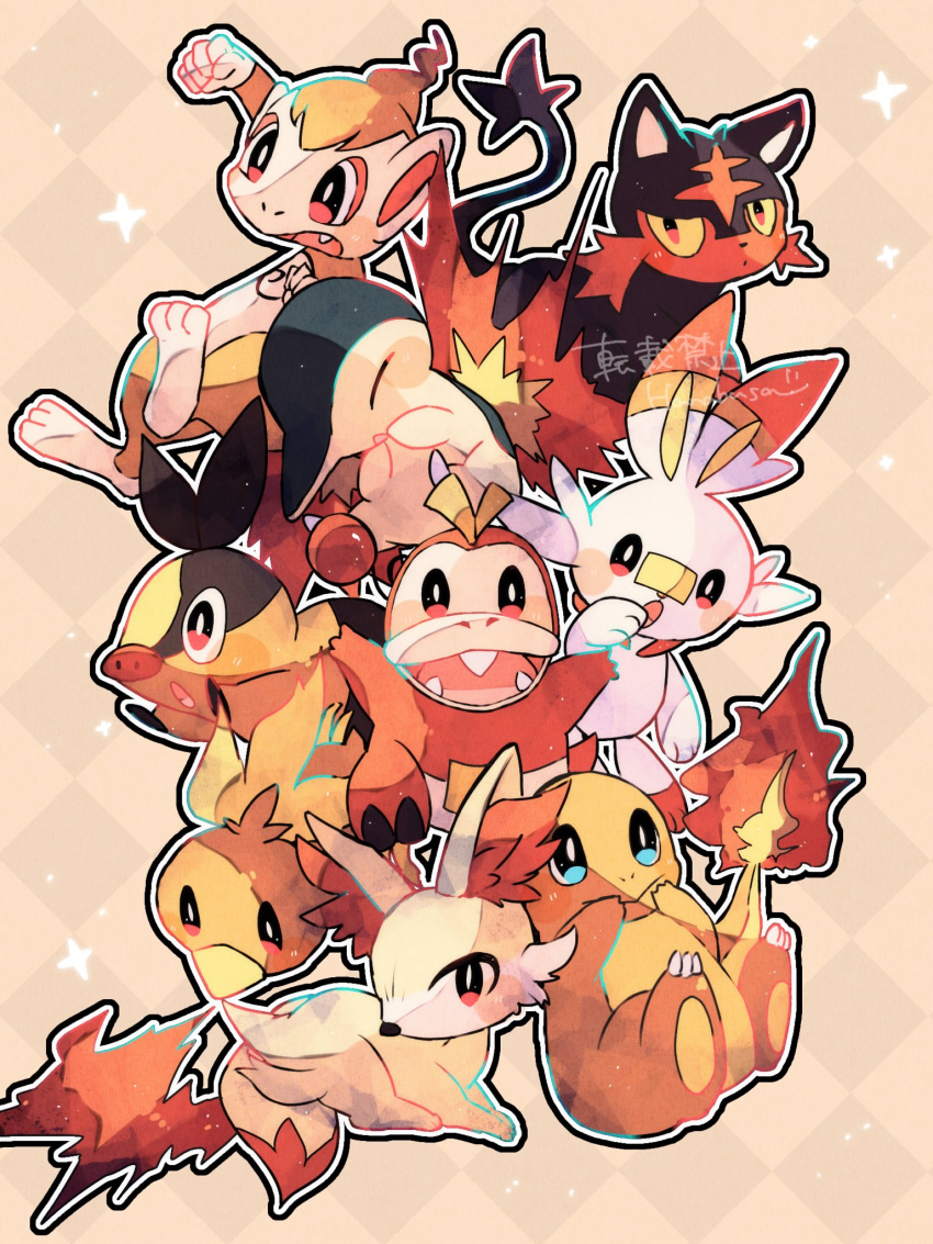 animal_focus artist_name beak bird black_skin blue_eyes cat charmander chimchar closed_eyes colored_skin commentary_request crocodilian cyndaquil fennekin fire fox fuecoco hanabusaoekaki highres litten looking_at_viewer monkey no_humans open_mouth orange_background orange_fur orange_skin patterned_background pig pokemon pokemon_(creature) rabbit red_skin scorbunny snout solid_oval_eyes sparkle tail teeth tepig torchic