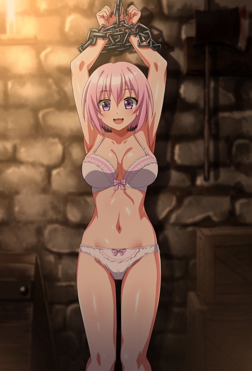 1girl absurdres arms_up bow bow_bra bow_panties bra breasts brick_wall chain choujin_koukousei-tachi_wa_isekai_demo_yoyuu_de_ikinuku_you_desu! commentary_request commission highres indoors lace-trimmed_bra lace_trim large_breasts looking_at_viewer navel open_mouth panties partial_commentary pink_eyes pink_hair pixiv_commission restrained sarutobi_shinobu short_hair smile solo standing underwear underwear_only zanntetu