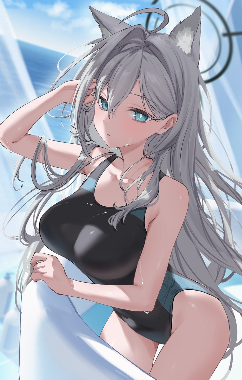 1girl animal_ear_fluff animal_ears black_one-piece_swimsuit blue_archive blue_eyes breasts collarbone commentary_request competition_swimsuit dark_halo extra_ears grey_hair hair_between_eyes halo hand_up highres jfjf large_breasts long_hair looking_at_viewer ocean official_alternate_costume one-piece_swimsuit outdoors paid_reward_available shiroko_(blue_archive) shiroko_(swimsuit)_(blue_archive) shiroko_(terror)_(blue_archive) solo swimsuit wet wolf_ears